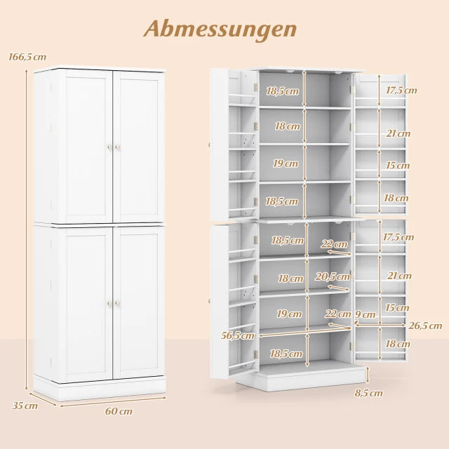 Coast Küchenschrank – 166,5 × 60 × 35 cm – Aufbewahrungsschrank – Verstellbar – 16 Fächer – Weiß
