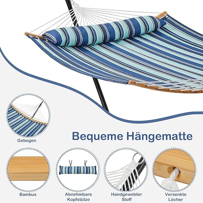 Yaheetech XXL-Hängematte mit Ständer – blau gestreift – verstellbare 2-Personen-Hängematte mit Kissen und Tragetasche