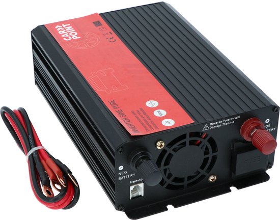 Carpoint-Wechselrichter – 12 V > 230 V – Reine Sinuswelle – Dauerleistung 500 W - Spitzenleistung 1000 Watt – Ausgang mit französischer/belgischer Steckdose – Permanenter Anschluss an die Batterie – Stoßfest – Temperaturgesteuerter Lüfter – Abmessungen 21