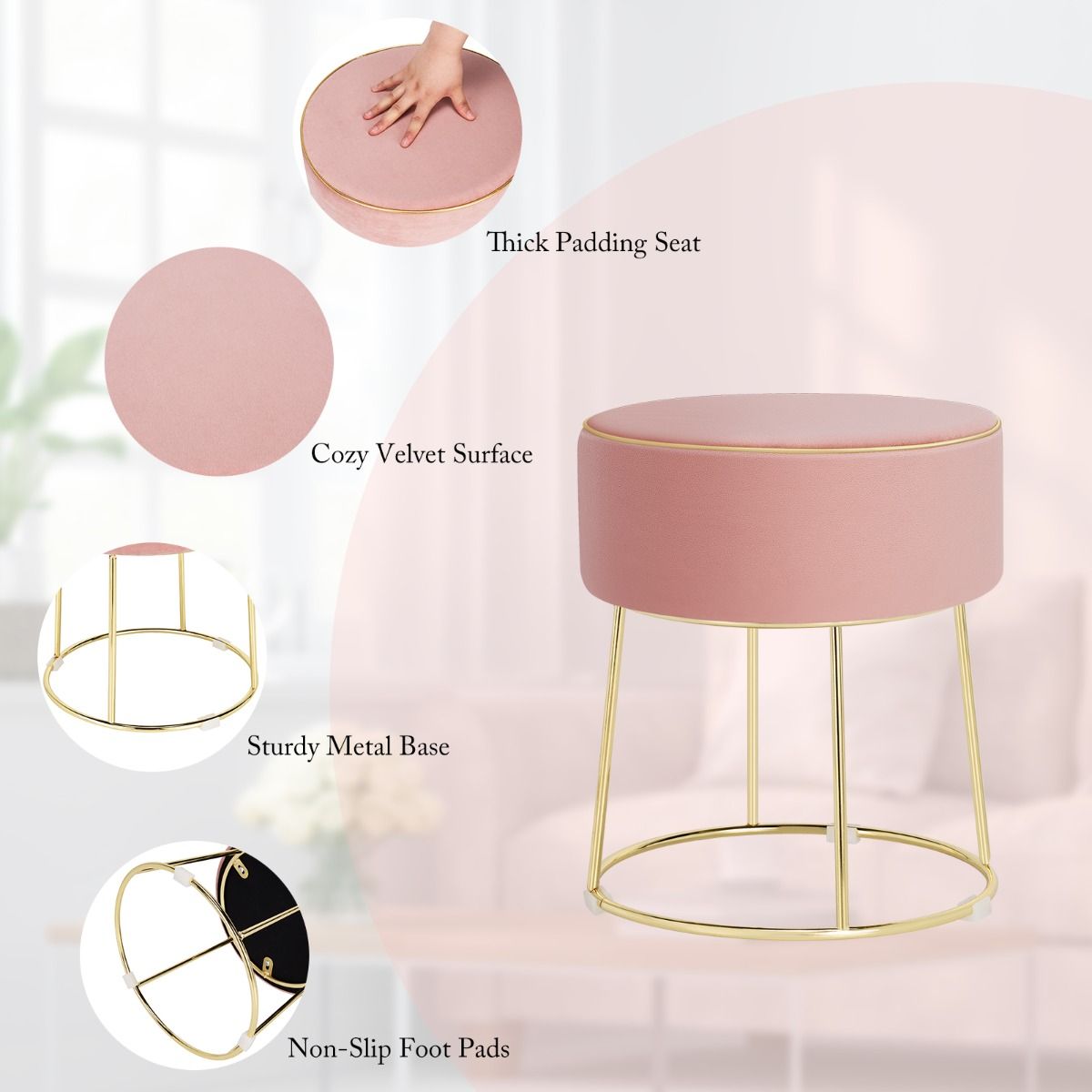 Coast – Runder Samt-Hocker mit Metallbeinen – Gepolsterter Make-up-Hocker – Belastbar bis 150 kg – 34 x 34 x 41 cm – Rosa