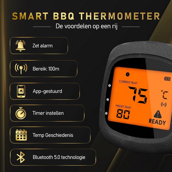 MostEssential - PRO-3 Digitales Fleischthermometer - Kabellos mit App - 100M Reichweite - inkl. 3 Messfühler - Schwarz