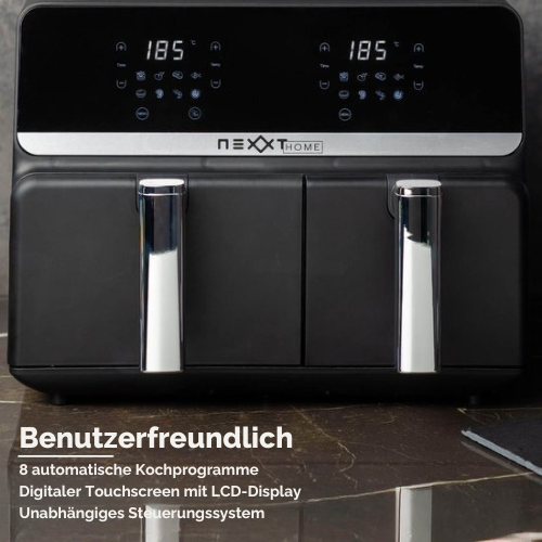 Nexxt Digital Double Airfryer XXL - Mit Touchscreen - 5,5 + 3,5 Liter - 8 Kochprogramme - Schwarz
