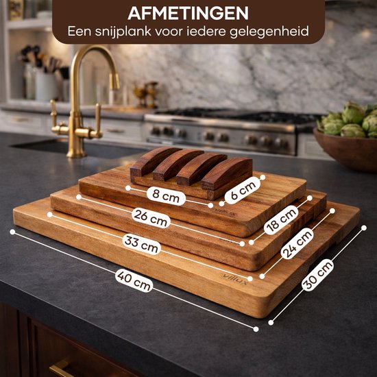 Villux Schneidebrett – Schneidebrett-Set mit Halterung – Schneidebrett aus Holz – Schneidebretter – Schneidebrett aus Akazienholz – Holz-Schneidebrett – Schneidebrett-Set – Tapas-Brett - Snackbrett – Servierbrett – Häppchenbrett – Inklusive E-Book – 3 Stü