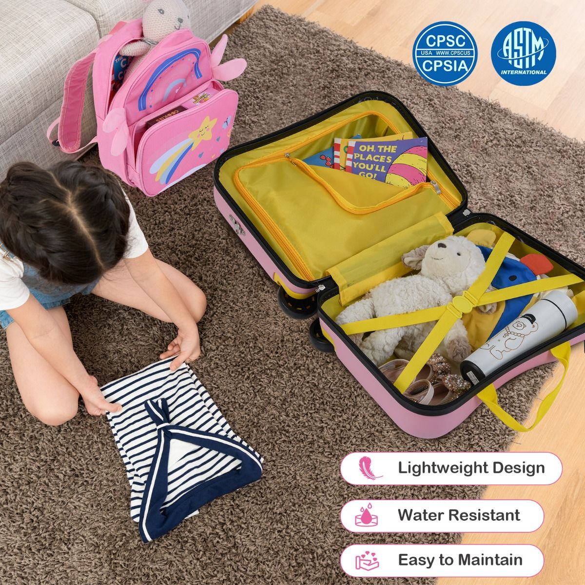 Coast Kinderkoffer- und Rucksack-Set – Sitzkoffer mit Bienenmotiv – verstellbarer Griff – rosa