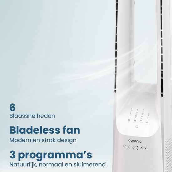 Auronic Turmventilator - Lamellenloses Modell - Luftkühler - Bodenventilator - Leiser Standventilator - 101 CM - 6 Geschwindigkeiten - Ventilator - Mit Zeitschaltuhr - 39 dB - Weiß