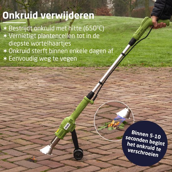 BREND BR-2229 Elektrischer Unkrautbrenner mit Rädern - Unkrautvernichter mit Hitze bis zu 650 °C - Mit Aufsatz für BBQ - Umweltfreundlich - Grün