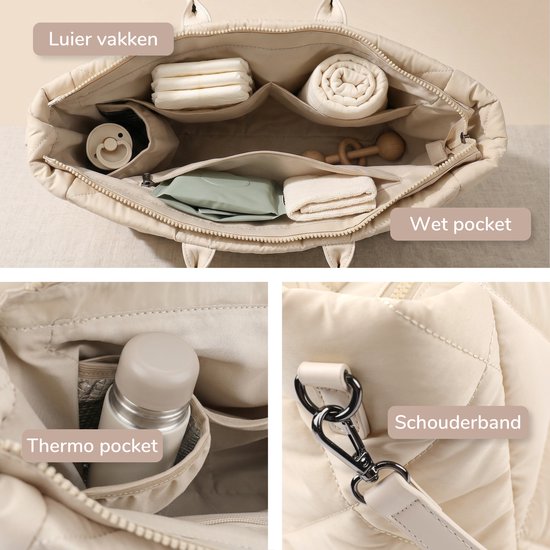 Mommsy Wickeltasche – Wickeltasche – Mom Bag – Thermofach – Gesteppter Puffer-Stoff – Mommy Bag – Besonders geräumig – Wasserabweisend – Organizer – Leicht – Beige