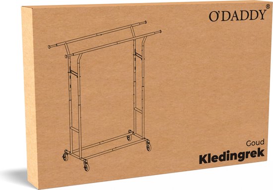 O'DADDY® Kleiderständer auf Rädern - Kleiderständer - Kleiderstange - Verstellbar und ausziehbar - Industrielle Rollen - Metall - Stabil bis 110 kg - Gold