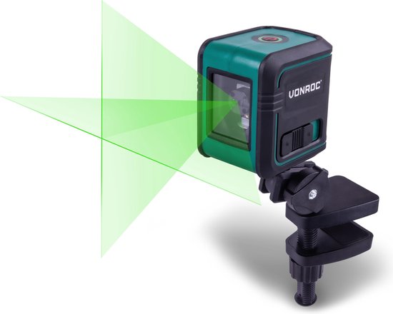 VONROC Kreuzlinienlaser - Grün - Selbstnivellierend - 18 Meter - inkl. Halterung, Aufbewahrungstasche
