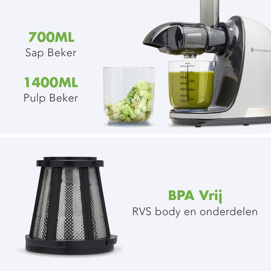 KitchenBrothers Slowjuicer - Entsafter - Gemüse- und Obstpresse - 700ml - mit Fruchtfleischbehälter - Saftpresse - Perlweiß