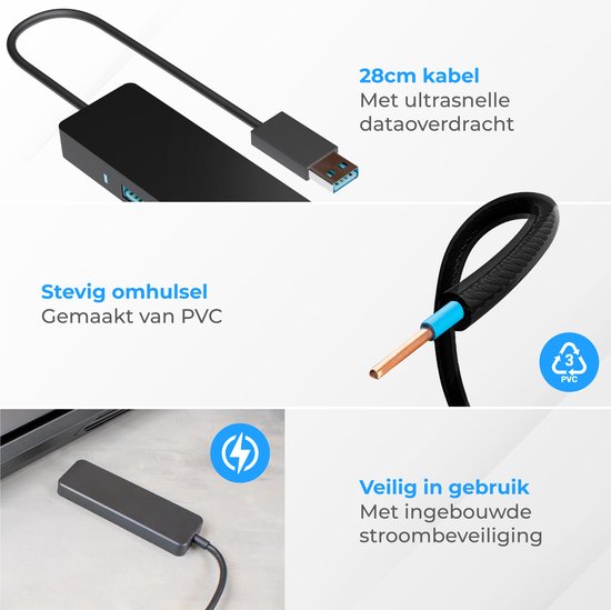 Nuvance - USB-3.0-Hub - 4 Anschlüsse - einschließlich USB-C-Konverter - USB-Splitter - Schwarz
