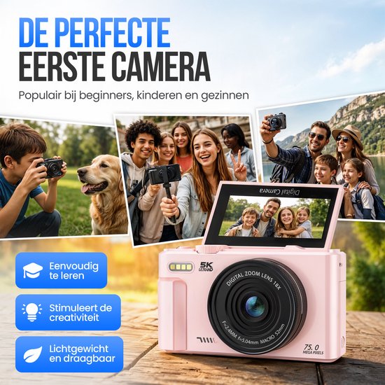 Strex Digitalkamera 5K 75 MP – Fotokamera – Kompaktkamera mit WLAN – Vlog-Kamera – Fotokamera für Kinder – 18-facher Zoom – schwenkbares Display – Rosa