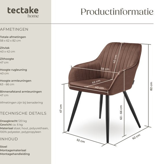 tectake® Esszimmerstuhl Marilyn - Polsterstuhl in Samtoptik - Nahtmuster - Schwarze Stuhlbeine - Ergonomischer Küchenstuhl - Mit durchgehender Rückenlehne und Armlehnen - Stuhl für Wohnzimmer, Esszimmer, Schlafzimmer - Braun
