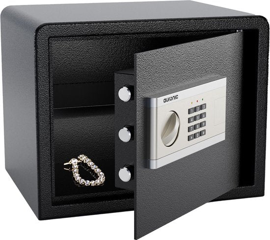 Auronic Elektronischer Safe - Zahlenkombinationsschloss - Schlüssel - Wandmontage - 4,3cm Tür - 130dB Alarm - 28L - 30x38x30cm - 10KG - Stahl - Schwarz