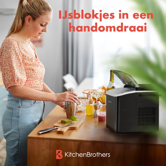KitchenBrothers Eiswürfelbereiter - 1.5L - Eiswürfelbereiter - Eisportionierer - 12kg/24 Stunden - Tragbar - Selbstreinigungsfunktion - Rotguss-Edelstahl