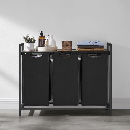 O'DADDYÂ® Wäschekorb 3 Fächer - Wäschesortierer - ausziehbar mit Einlegeboden - 92,5 x 33 x 71 cm - Wäschekorb - 168 L unterteilt in 3 Fächer - Wäschekörbe - Wäschekorb schwarz Metall - Holz braun