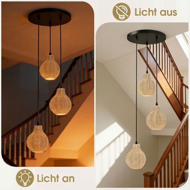 Coast 3-flammige Rattan-Hängeleuchte – Verstellbar 24–102 cm – Ø 30 cm – Schwarz und Beige