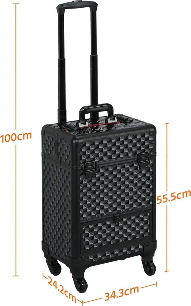Yaheetech Make-up-Trolley mit Schublade und Teleskopgriff – Schwarz/Silber – 34,5 x 24,5 x 55,5 cm