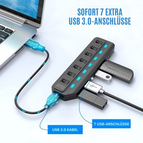 Strex - Mehrfachstecker - 7 Anschlüsse - USB 3.0 Hub - 10m - Schwarz