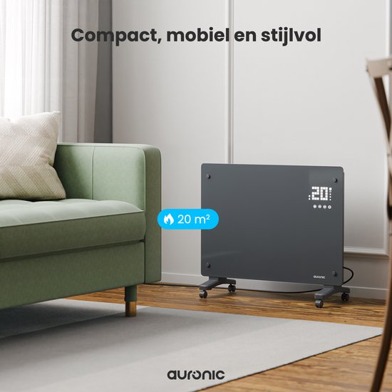 Auronic Elektroheizung - Konvektorheizung mit Thermostat und Fernbedienung - Glasheizkörper - 1500W Heizleistung - Grau
