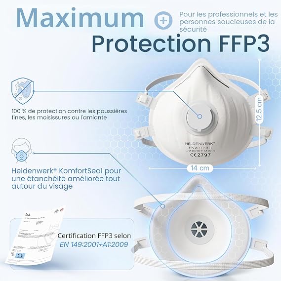 Heldenwerk FFP3-Staubmaske mit Ventil – 10er-Pack – Feinstaubmaske mit verstellbarem Kopfband