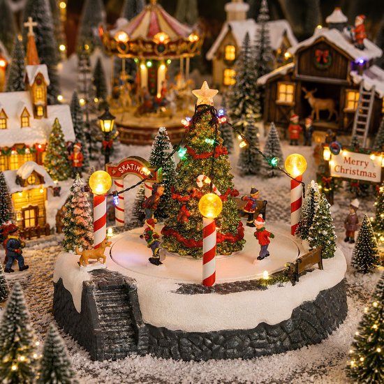 Luville Weihnachtsdorf: Weihnachtsbaum-Szene mit Eislaufbahn – Weihnachtsdekoration mit beweglichen Figuren und LED-Beleuchtung – batteriebetriebene Girlande – Weihnachtsgirlanden für den Innenbereich – 22 x 22 x 18,5 cm – Weiß