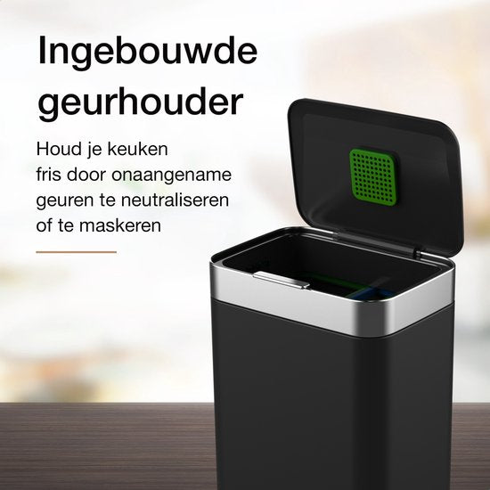 Loftey Mülleimer 60 Liter - Push/touch Mülleimer - Duo Mülleimer mit Inneneimer - Mülleimer 2 Fächer - Mülltrennung 2x30L - Küche - Schwarz/RVS