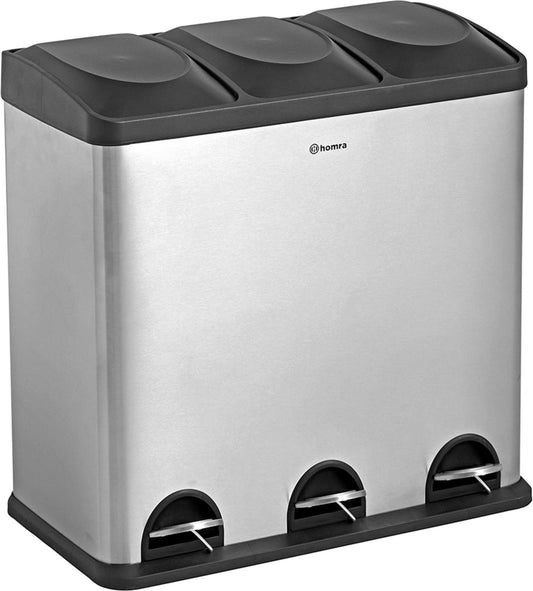 Homra MAXER Treteimer - Mülleimer 3 Fächer - Abfalleimer 60 Liter (3x 20L) - Trio-Eimer - Edelstahl - 3-Fach Mülleimer Abfalltrennung - Silber