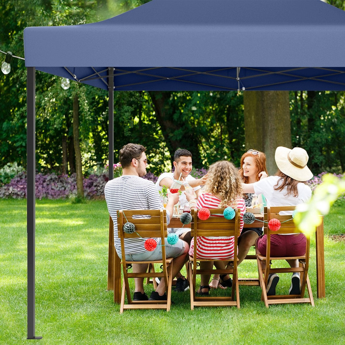 LifeGoods Partyzelt - Pavillon - 3x4,5 m - leicht aufbaubar - faltbar - wasserdicht - Tragetasche mit Rädern - dunkelblau