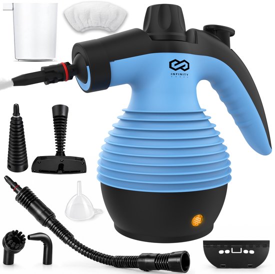 Infinity Goods Dampfreiniger – 12-in-1-Handdampfreiniger – Handdampfreiniger – Fleckenentferner – Teppichreiniger – 10 Aufsätze – 1050 Watt – 3,2 bar – Blau