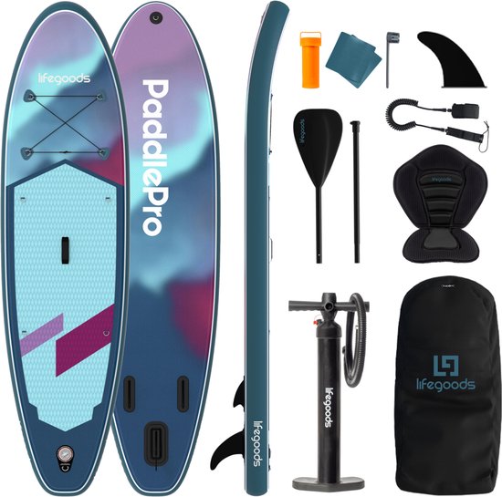 LifeGoods SUP Board All-round Compact - mit Sitz - 100 KG Tragfähigkeit - 300 x 76 cm - Aufblasbar - Komplettes SUP Paket - Blau/Lila