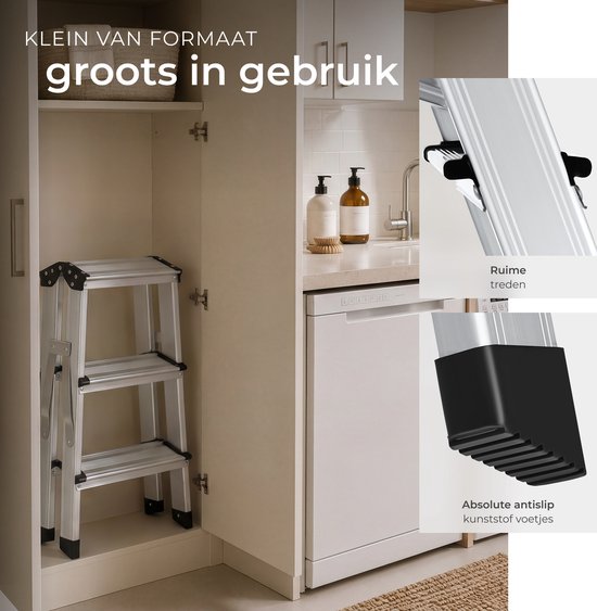 tectake® Doppelseitige Aluminium-Küchenleiter – 3 Sprossen – 58 cm – Stabile Leiter – Zusammenklappbare Trittleiter – Rutschfeste Haushaltsleiter