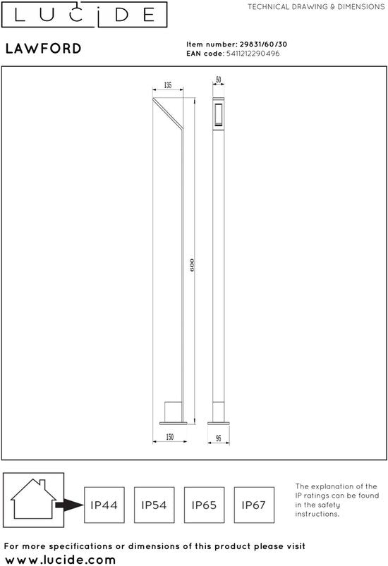Lucide LAWFORD – Sockelleuchte – LED – 1x6 W, 3000 K – IP54 – Schwarz