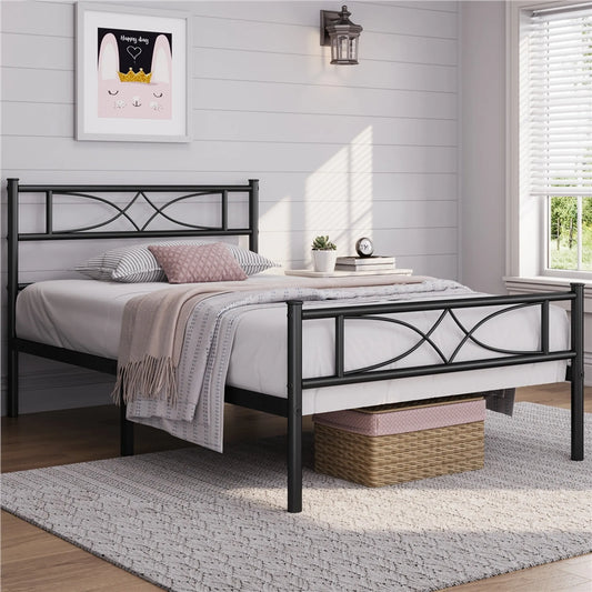 Yaheetech Metallbettgestell 90 x 200 cm – Schwarz – 204 kg – Mit Kopf- und Fußteil – 32 cm Stauraum unter dem Bett