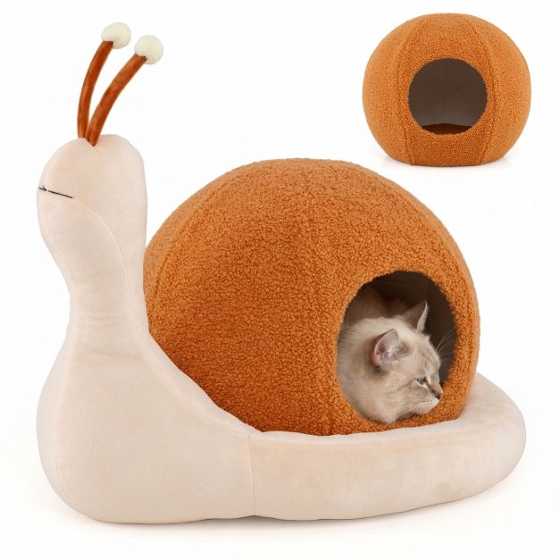 Coast Katzenkorb 2-in-1 in Schneckenform – Geschlossenes Katzenhaus mit herausnehmbarem, waschbarem Kissen – 56 x 48 x 39 cm – Braun/Weiß