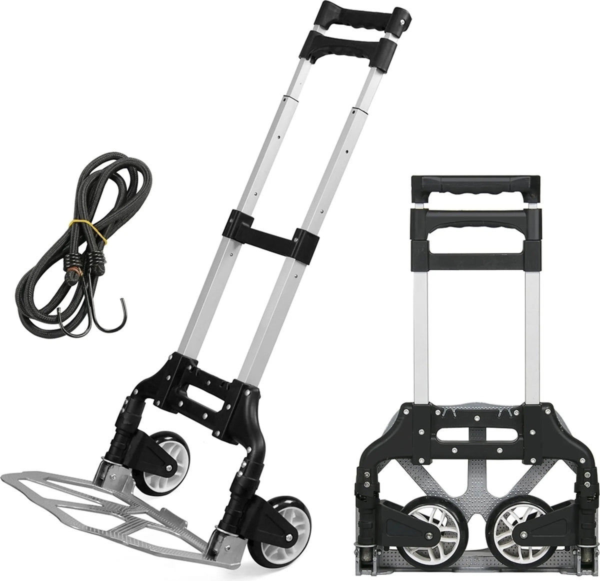 Yaheetech Trolley faltbar 75 kg - Ausgestattet mit Teleskopgriff und Gummirädern und inklusive Spannseil - Für Transport und Umzug - Schwarz und Silber Aluminium und Kunststoff - 39,5 x 39,5 x 100 cm