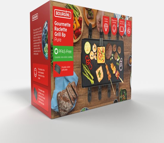Bourgini Gourmet Raclette Pure - Gourmet-Set mit wendbarer Grill- und Backplatte - Raclette 8 Personen - 21x42 cm - PFAS-freie Beschichtung - Einstellbarer Thermostat - inkl. 8 Spachteln und Pfännchen