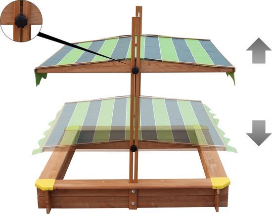 AXI Lily Holzsandkasten mit verstellbarem Dach in Braun/Grün – Mit Sitzbänken, Bodenplane und Schutzhülle – FSC-zertifiziertes Holz – 118 x 118 cm