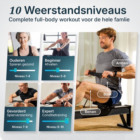 Flowsense Rudertrainer mit Luftwiderstand – Professionelles Rudergerät – 10 Widerstandsstufen – Zusammenklappbar – Ganzkörpertraining – Bluetooth-App & LCD-Monitor – Max. 200 kg – Rudergeräte – Für zu Hause & im Fitnessstudio