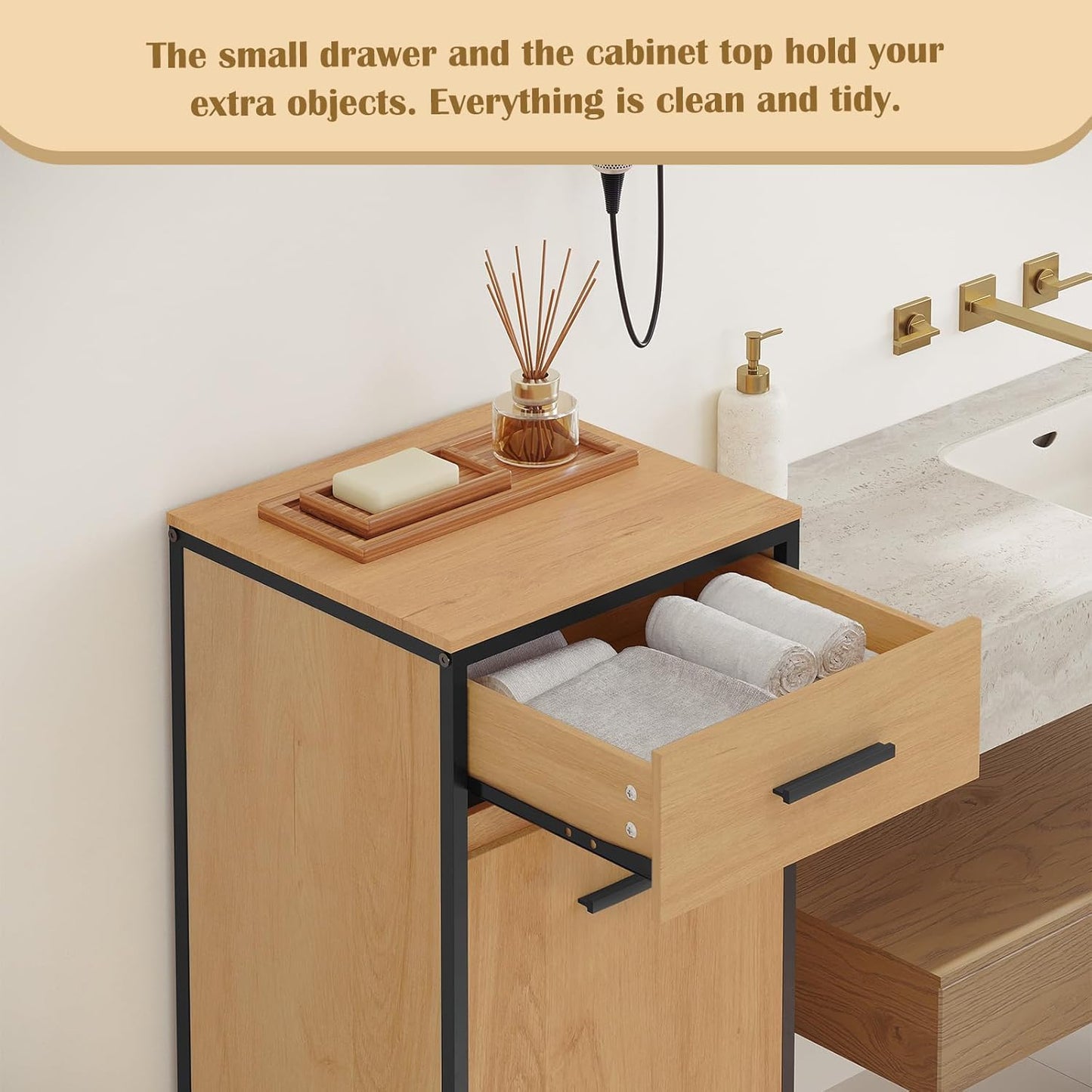 Eugad Badezimmerschrank mit Schublade und Wäschebeutel – Helles Eiche – 38 x 34 x 80 cm