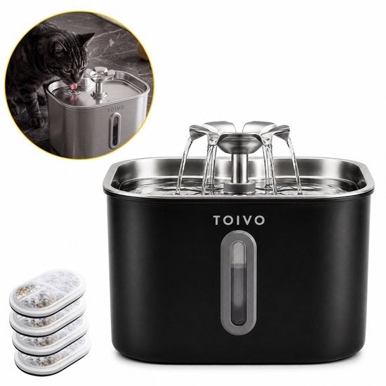 Toivo Trinkbrunnen für Katzen – 2,2 l – Edelstahl – Trinkbrunnen mit Sichtfenster, inkl. 4 Filter – Wasserspender – Flüsterleise – Katzenbrunnen – Trinknapf – Wassernapf – Schwarz
