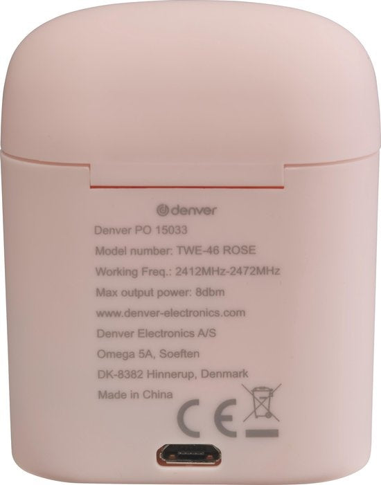 Denver TWE-46 - Ohrhörer - Drahtlos - Drahtlose Ohrhörer - Bluetooth - mit Ladebox - Freisprecheinrichtung - Sport - Headset - In-Ear - Bluetooth 5.0 - Pink