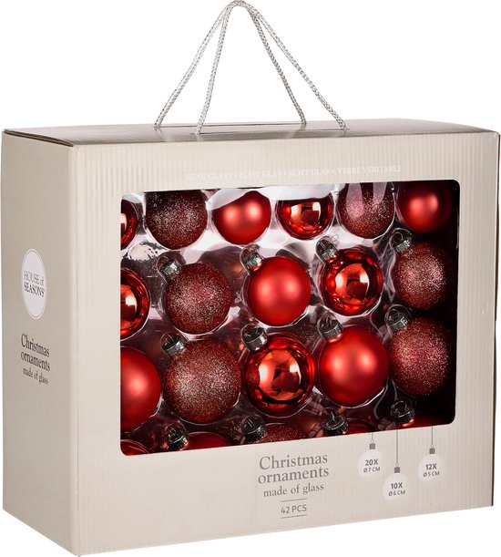 Mica Decorations Weihnachtskugeln-Set, 42 Stück – Weihnachtskugeln für eine solide Basis – Weihnachtsdekoration mit mattem, glänzendem und glitzerndem Finish – Baumspitze in verschiedenen Größen – Ø 7 cm – Rot