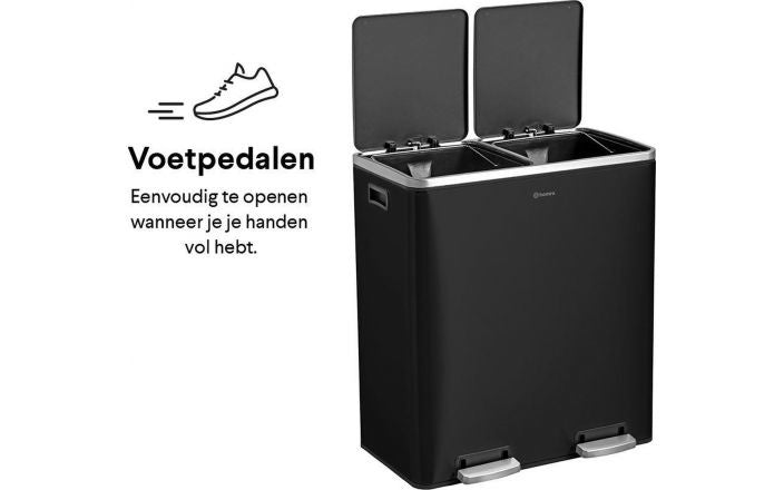Homra QUICKX Duo - Mülleimer - Mülltrennung - 2 Fächer - Edelstahl - 60 Liter (2x30 L) - Schwarz