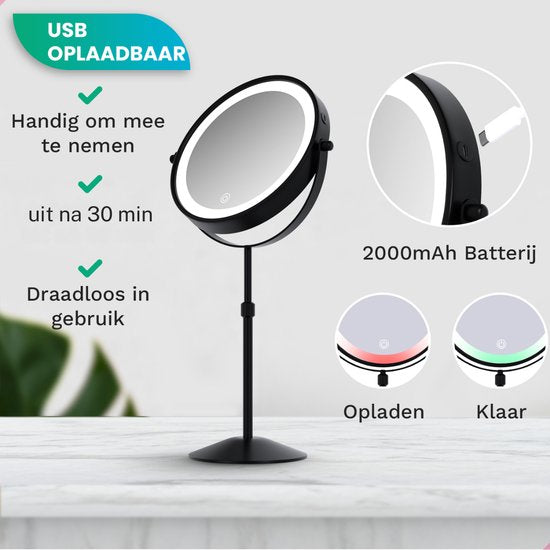 Mirlux Schminkspiegel mit LED-Beleuchtung - 10fache Vergrößerung - höhenverstellbar - 3 Lichtmodi - wiederaufladbar - Vergrößerungsspiegel Schwarz