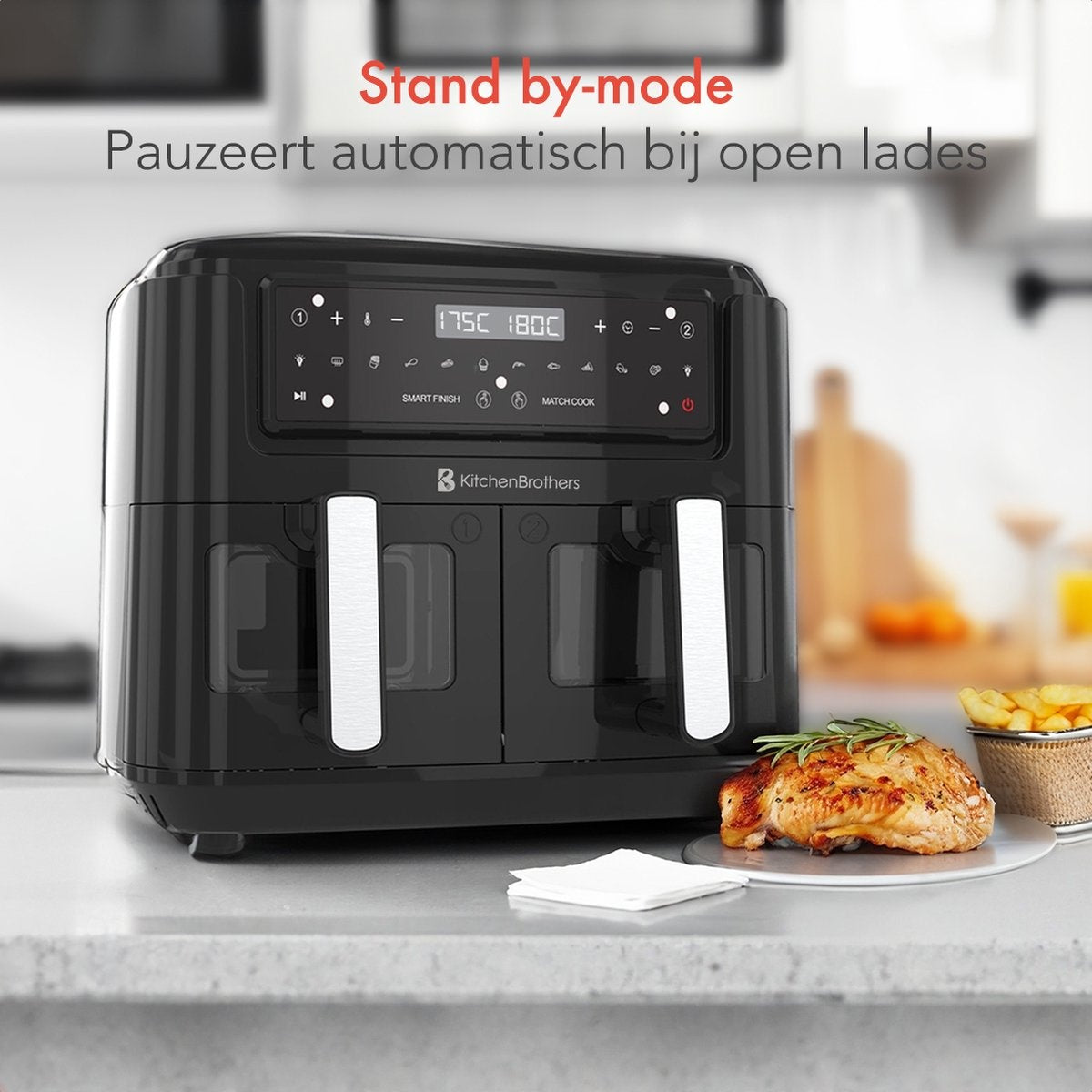 KitchenBrothers - Airfryer XXL - 9L - Heißluftfritteuse - 2 x 4.5L - 2400W - Schwarz