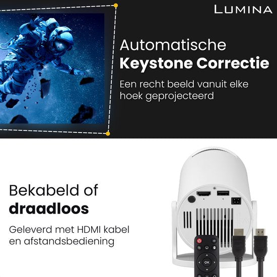 Lumina Mini Pro Beamer - Heimkino - Android 11.0 - WiFi 6 & Bluetooth 5.2 - 4k Bildqualität - Projektionsfläche - Weiß