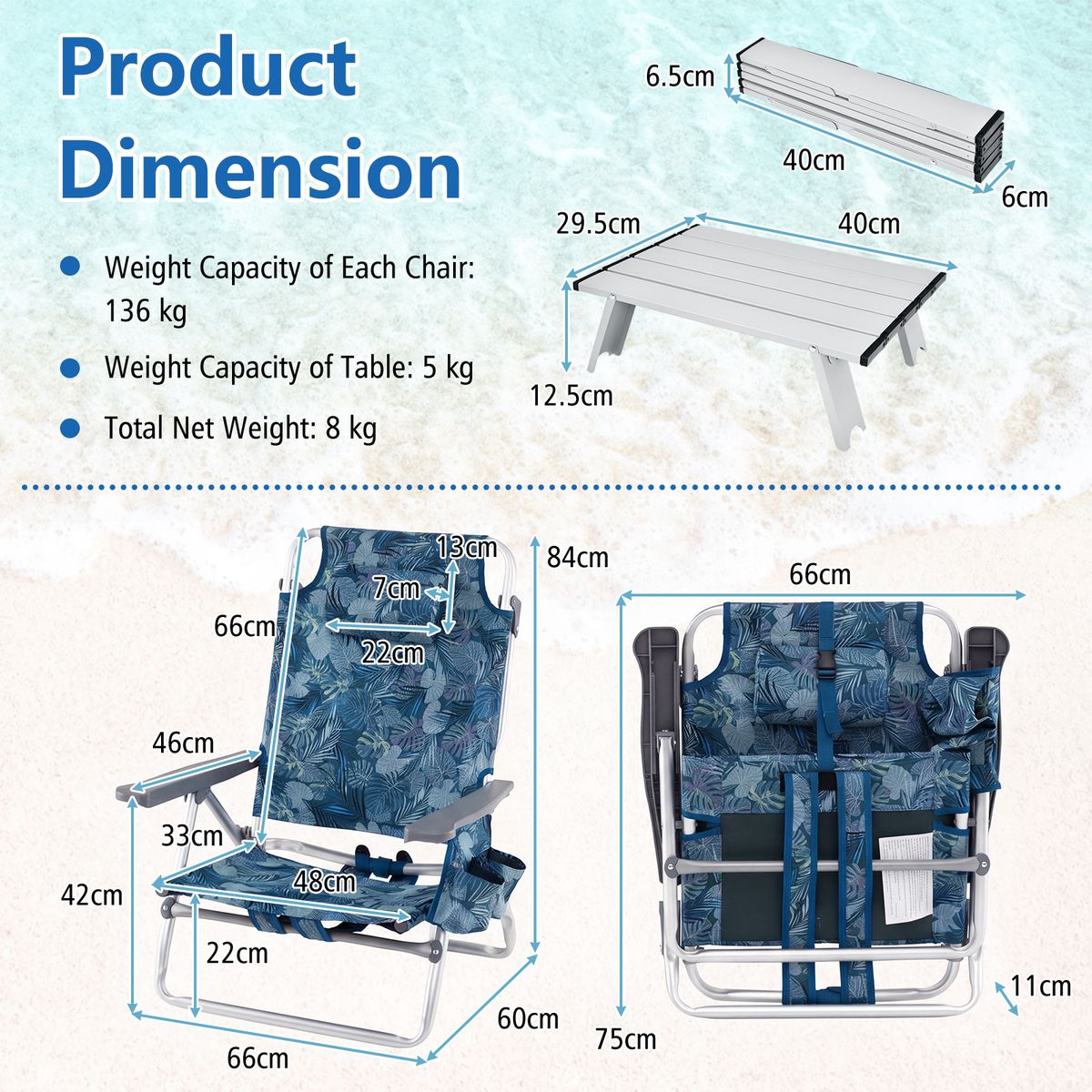 Coast Strandstuhl- und Tischset – 5-fach verstellbar – zusammenklappbar – blau – Set aus 2 Strandstühlen und einem Tisch