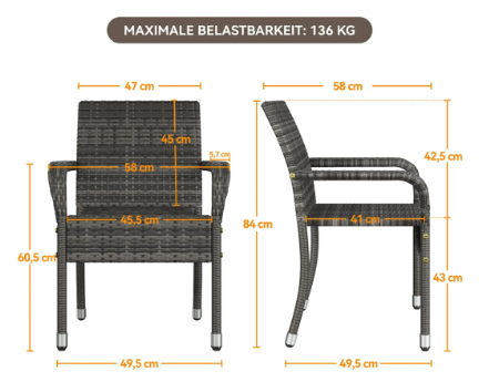 Yaheetech Rattan-Gartenstühle, 2er-Set – Grau – 58 x 58 x 84 cm – stapelbar, mit Armlehnen