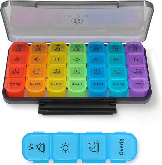 Gandria Pillenbox 7 Tage - Herausnehmbare Pillenbox - Medizinbox mit 28 Fächern - Medizinbox mit stabilem Verschluss - 4 Fächer pro Tag